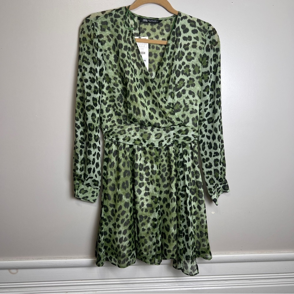 Zara Olive/Black Animal Print Long Sleeve Dress NWT Size Small - Picture 1 of 7
